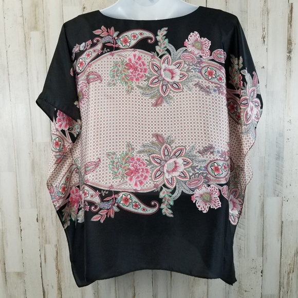 Jacqueline Riu Womens Top 2 38-40 Black Pink Floral Silky Y17 - Picture 5 of 6